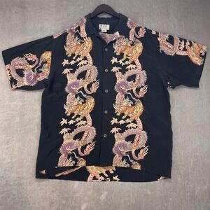 Vintage Avanti Mens XL Black Silk Hawaiian Shirt Tiger Dragon Print Camp Collar